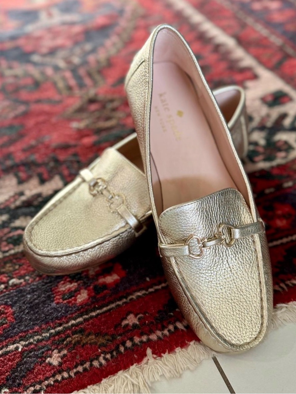 kate spade Metallic Gold Leather Horsebit Loafers - 8